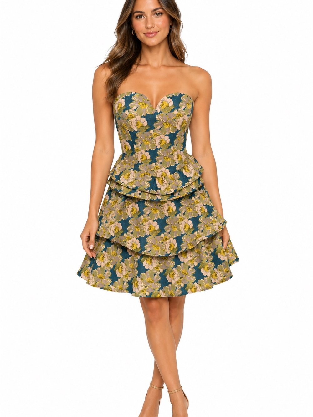 Strapless Sugarlips  Floral Tiered Mini Dress in Teal and Yellow Size Large NWT